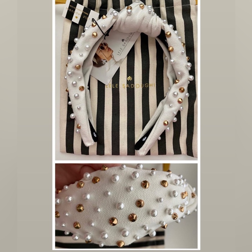 Lele Sadoughi White Headband with Gold and Pearl Accents